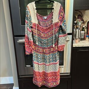 Pink and Green‎ Casual Midi Sundress with Bishop Sleeves